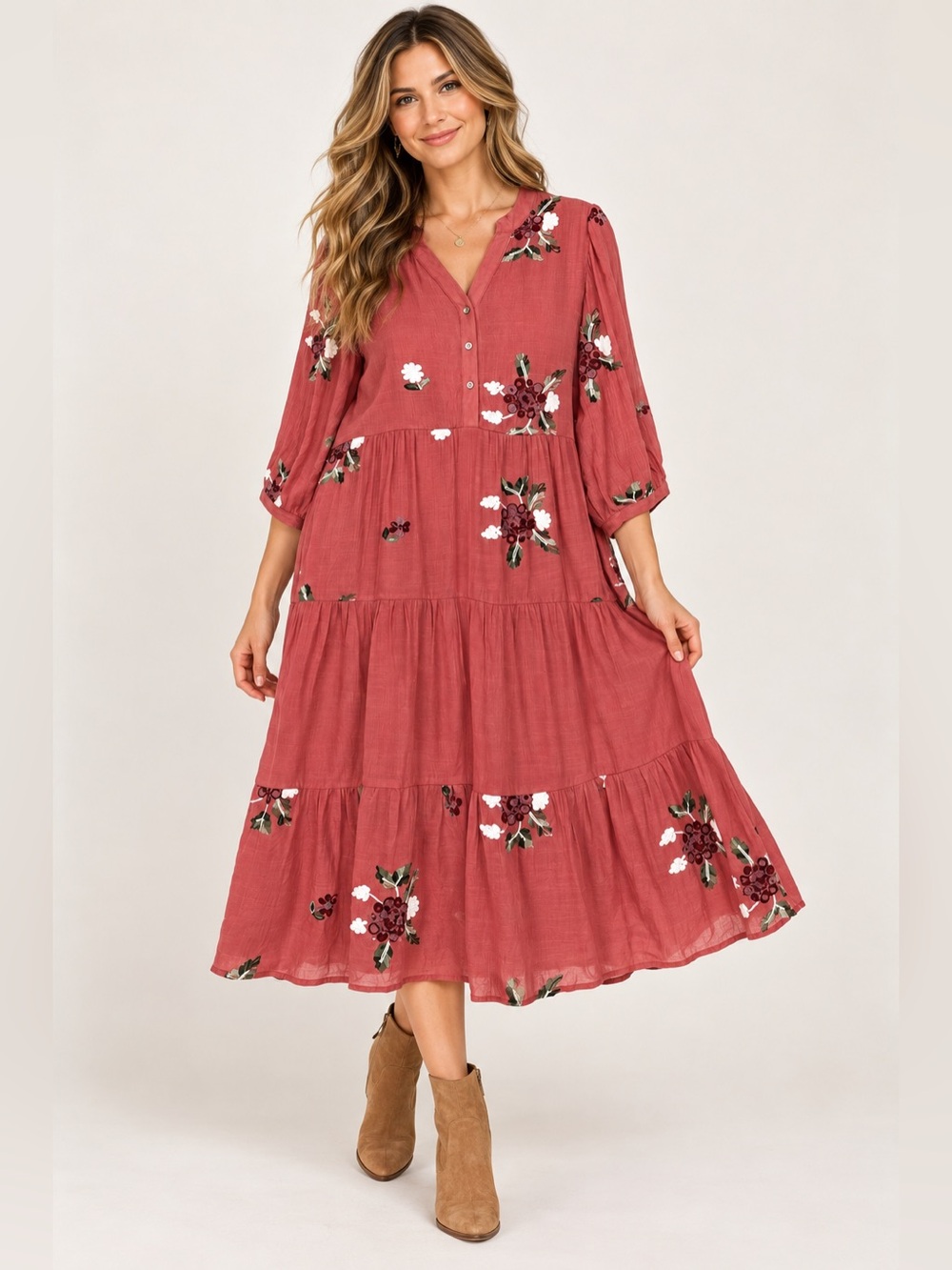 Fig & Flower L Embroidered Tiered Midi Dress Anthro Style